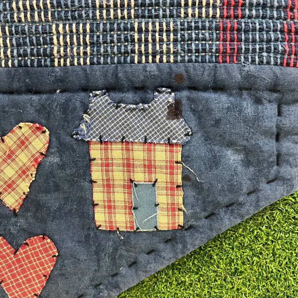Vintage Primitive Country Table Runner Houses Hearts Applique Woven Folk Art